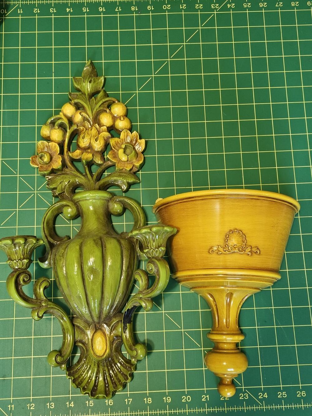 Vtg 1965 HOMCO Wall Sconce Planter Pair Mid Century Green Yellow Floral Pocket
